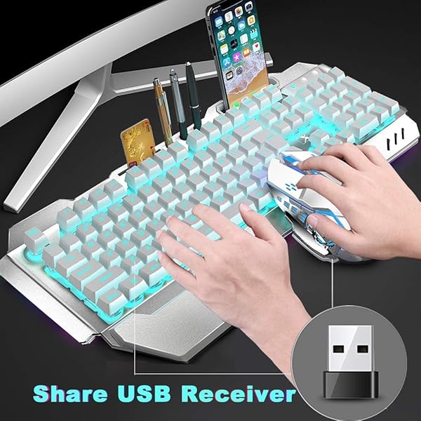 LexonElec Wireless Keyboard and Mouse Blue LED Backlit Rechargeable 3800mAh Battery Metal Panel Removable Hand Rest Mechanical Feel 7 Color Gaming Mute Mouse - View 2 of 7