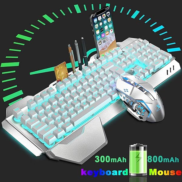 LexonElec Wireless Keyboard and Mouse Blue LED Backlit Rechargeable 3800mAh Battery Metal Panel Removable Hand Rest Mechanical Feel 7 Color Gaming Mute Mouse - View 3 of 7