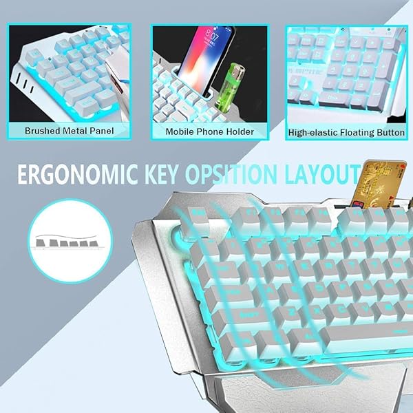LexonElec Wireless Keyboard and Mouse Blue LED Backlit Rechargeable 3800mAh Battery Metal Panel Removable Hand Rest Mechanical Feel 7 Color Gaming Mute Mouse - View 4 of 7