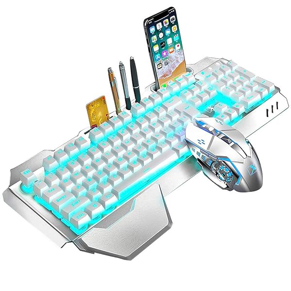 LexonElec Wireless Keyboard and Mouse Blue LED Backlit Rechargeable 3800mAh Battery Metal Panel Removable Hand Rest Mechanical Feel 7 Color Gaming Mute Mouse