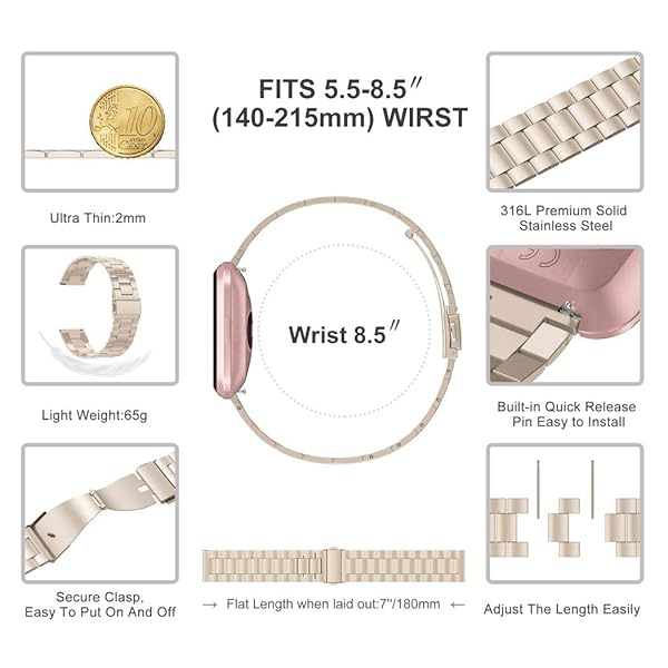 Wearlizer Wearlizer Ultra-Thin Stainless Steel Bands for Fitbit Versa Versa 2 Versa Lite Versa SE for Men and Women in Scrub Gold - View 2 of 6