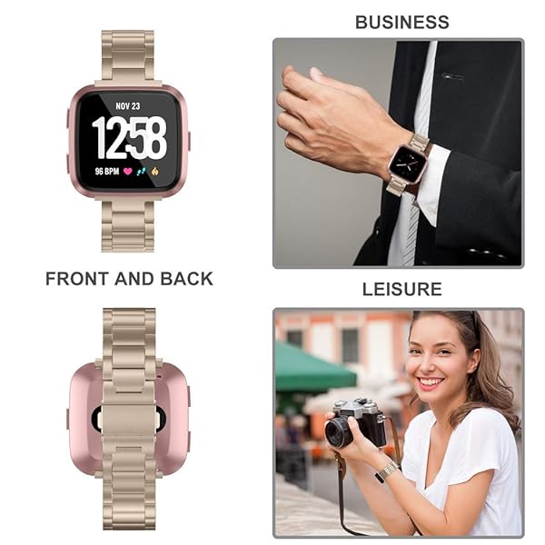 Wearlizer Wearlizer Ultra-Thin Stainless Steel Bands for Fitbit Versa Versa 2 Versa Lite Versa SE for Men and Women in Scrub Gold - View 3 of 6