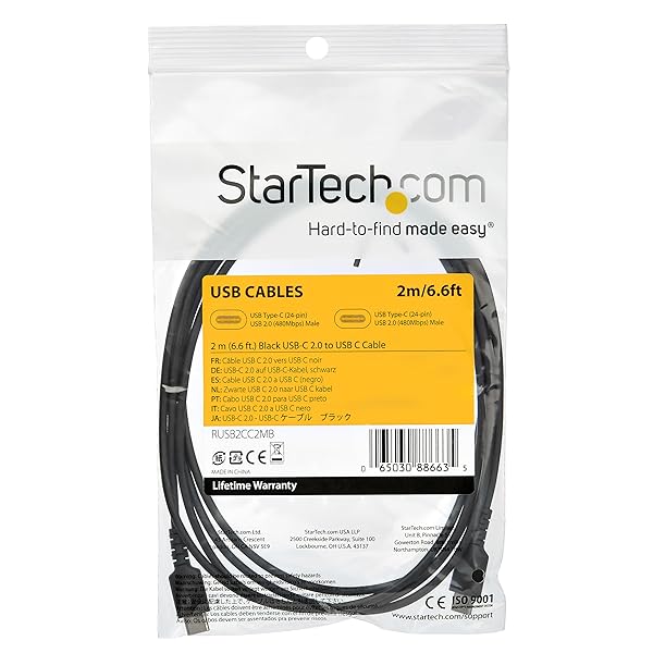 StarTech.com StarTech 2m USB C Cable Durable USB 2.0 Type C Cord for Data and Charging Male to Male Black RUSB2CC2MB - View 5 of 6