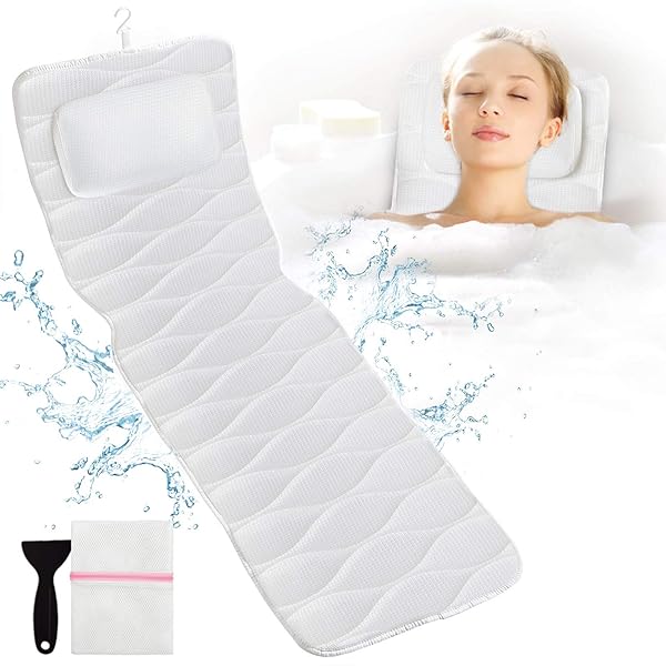 OMYSTYLE Full Body Bath Pillow with Mesh Washing Bag and 21 Non-Slip Suction Cups for Ultimate Head Neck Shoulder and Back Support