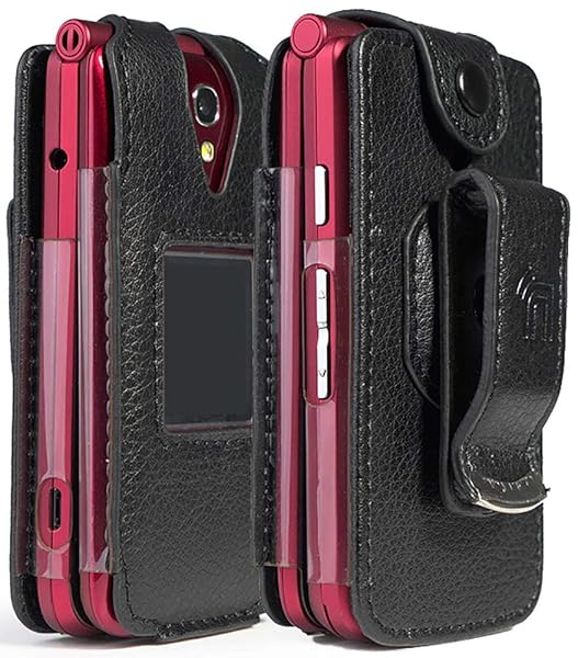 Jitterbug Flip Phone Case Black Vegan Leather Form-Fit Cover with Built-in Screen Protection and Metal Belt Clip for Seniors