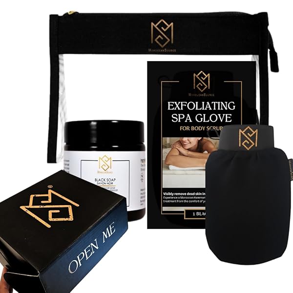 MS Exfoliating Glove Kessa Mitt Body Scrubber Dead Skin Remover Shower Glove for Deep Pore Cleansing by MoroccanSource 3 Piece Spa Set