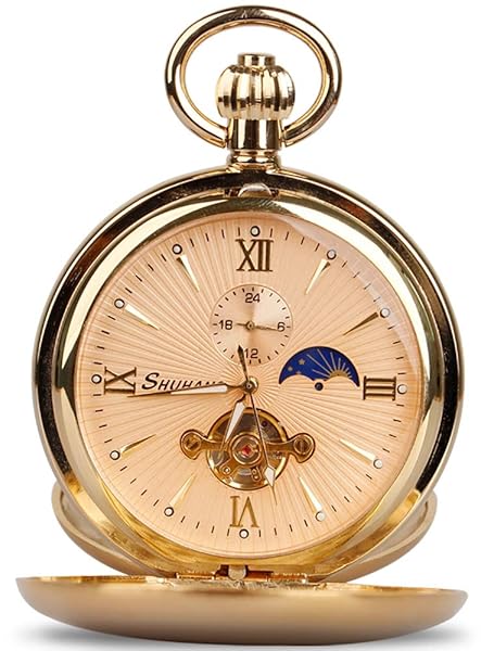 Luxury Tourbillon Moon Phase Hand-Winding Pocket Watch - Gold Case Fob Watch