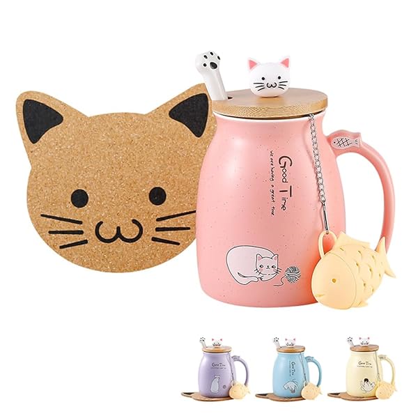 BigNoseDeer BigNoseDeer Kawaii Cat Mug with Infuser - Cute 13oz Ceramic Tea Cup Gift for Cat Lovers