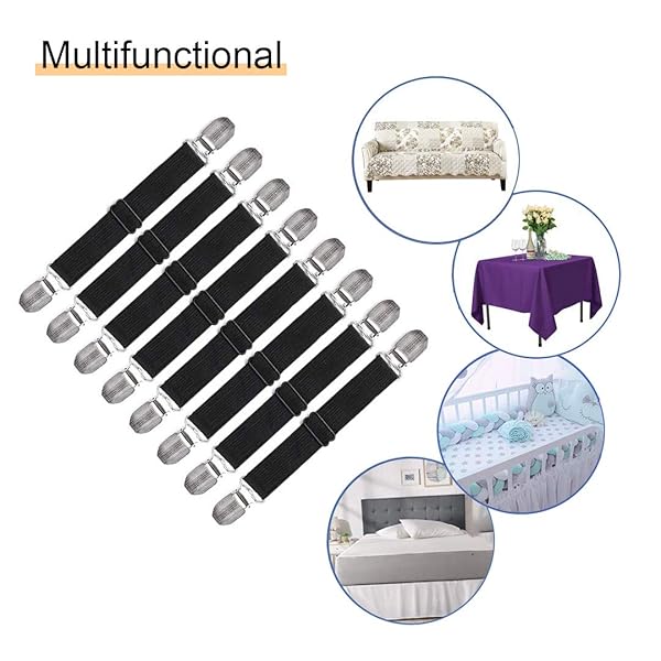 QoeCycth QoeCycth Adjustable Bed Sheet Straps Clips 8Pcs Elastic Fasteners for Mattress Sofa Couch Table Cloth and Ironing Board Cover Black - View 6 of 7