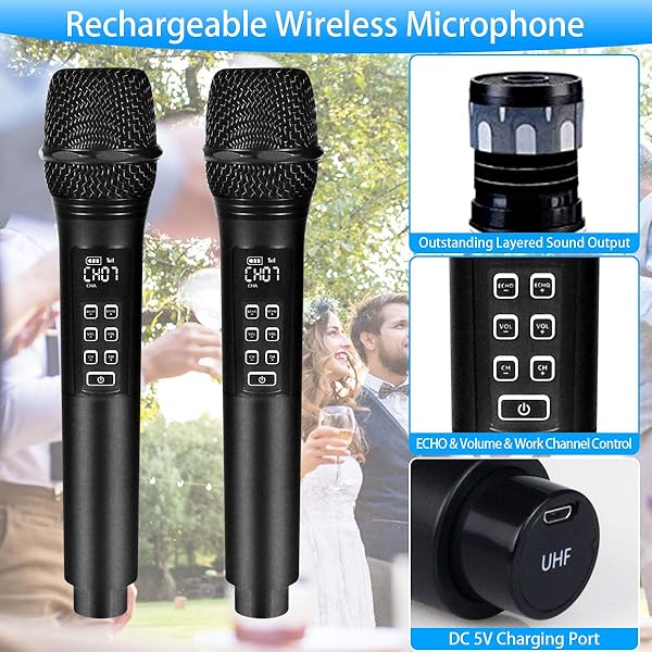 Kithouse K28 Rechargeable Wireless Microphone Karaoke Cordless with Volume Echo Control UHF Handheld Dynamic Microphone for Singing Speech Black - View 2 of 6