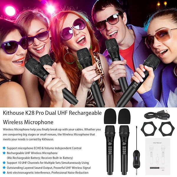 Kithouse K28 Rechargeable Wireless Microphone Karaoke Cordless with Volume Echo Control UHF Handheld Dynamic Microphone for Singing Speech Black - View 6 of 6