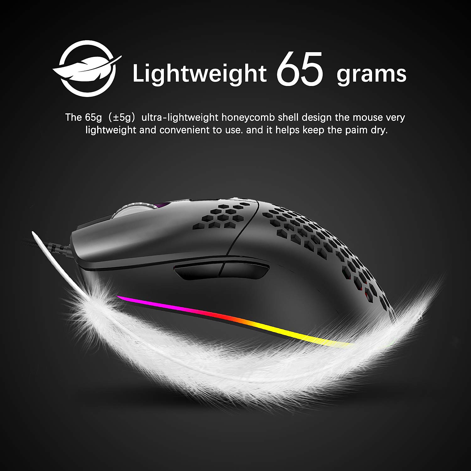 Wired Gaming Mouse 16000 DPI Optical Sensor Chroma RGB Lightweight Honeycomb Shell Ultraweave Cable 7 Programmable Buttons for PC Gamer Black - View 2 of 6