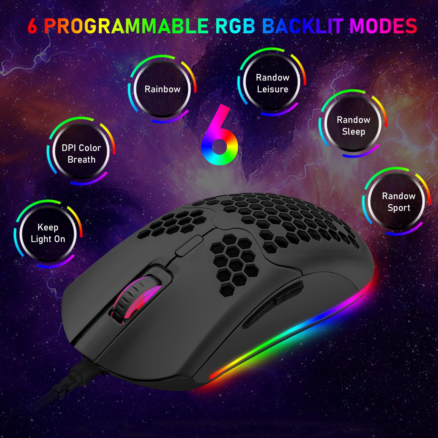 Wired Gaming Mouse 16000 DPI Optical Sensor Chroma RGB Lightweight Honeycomb Shell Ultraweave Cable 7 Programmable Buttons for PC Gamer Black - View 3 of 6