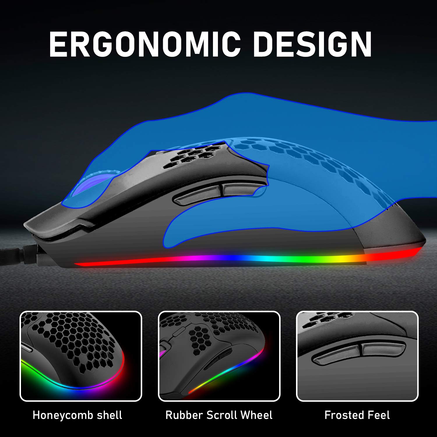Wired Gaming Mouse 16000 DPI Optical Sensor Chroma RGB Lightweight Honeycomb Shell Ultraweave Cable 7 Programmable Buttons for PC Gamer Black - View 4 of 6