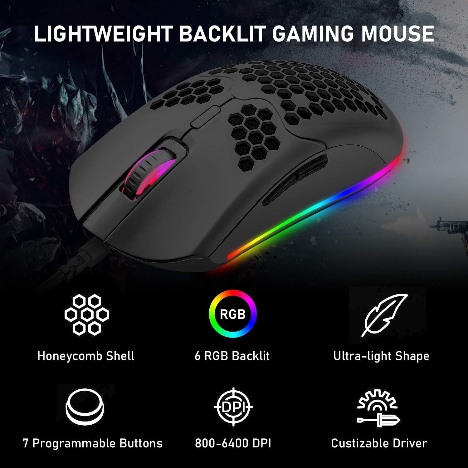 Wired Gaming Mouse 16000 DPI Optical Sensor Chroma RGB Lightweight Honeycomb Shell Ultraweave Cable 7 Programmable Buttons for PC Gamer Black - View 5 of 6