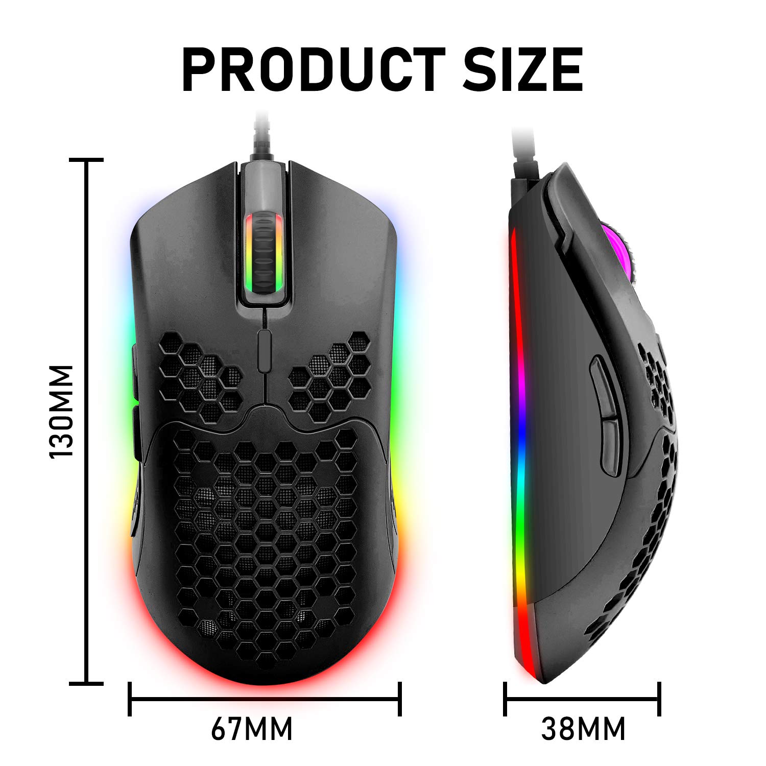 Wired Gaming Mouse 16000 DPI Optical Sensor Chroma RGB Lightweight Honeycomb Shell Ultraweave Cable 7 Programmable Buttons for PC Gamer Black - View 6 of 6