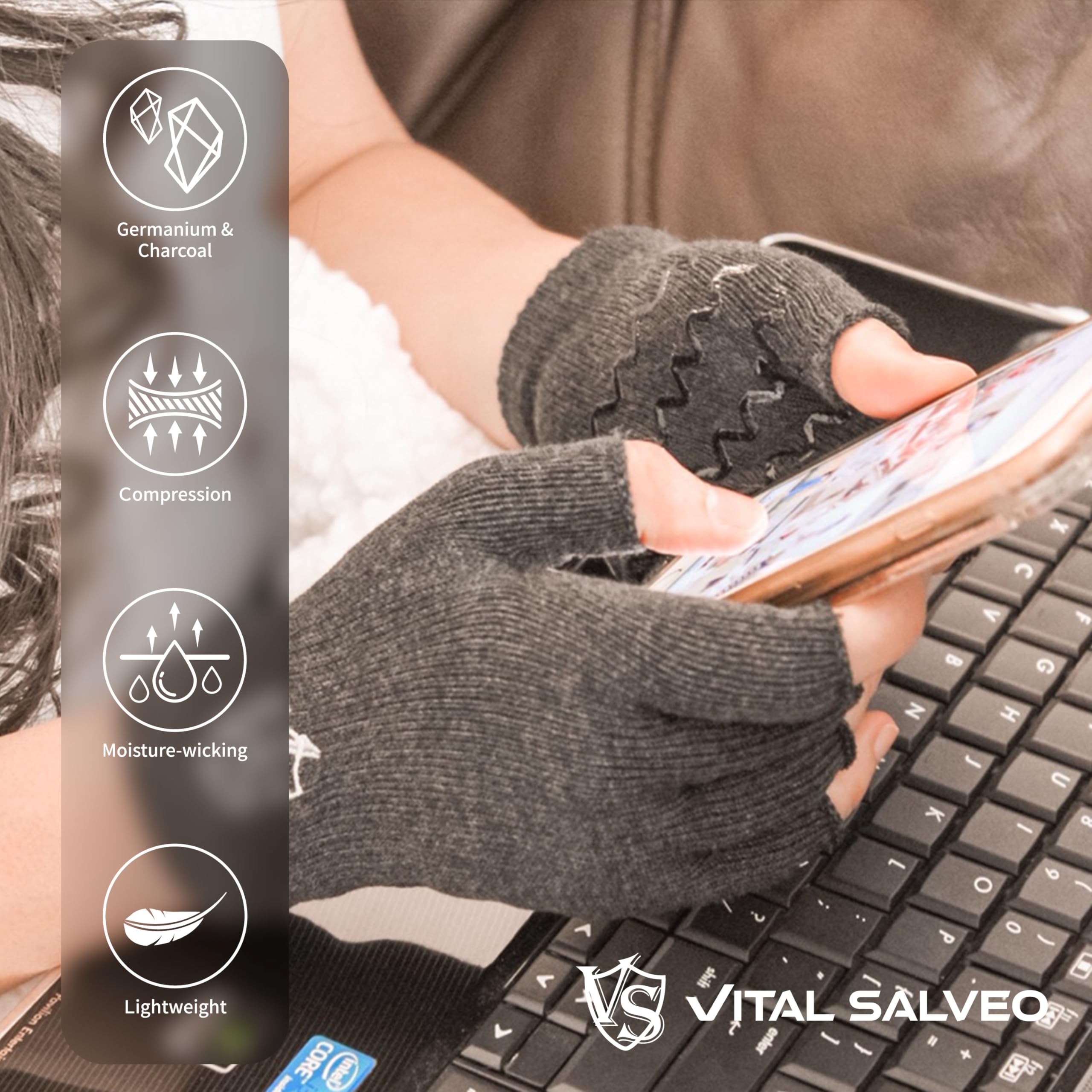 VS VITAL SALVEO Vital Salveo Fingerless Compression Arthritis Gloves for Pain Relief Carpal Tunnel Support for Men and Women Dark Grey XL - View 3 of 7