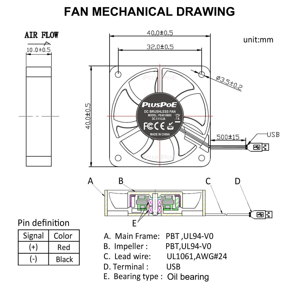 PLUSPOE PLUSPOE 2-Pack 40mm x10mm DC 5V USB Brushless Cooling Fan Quiet Operation Dual Ball Bearing Small Computer Fan - View 2 of 5