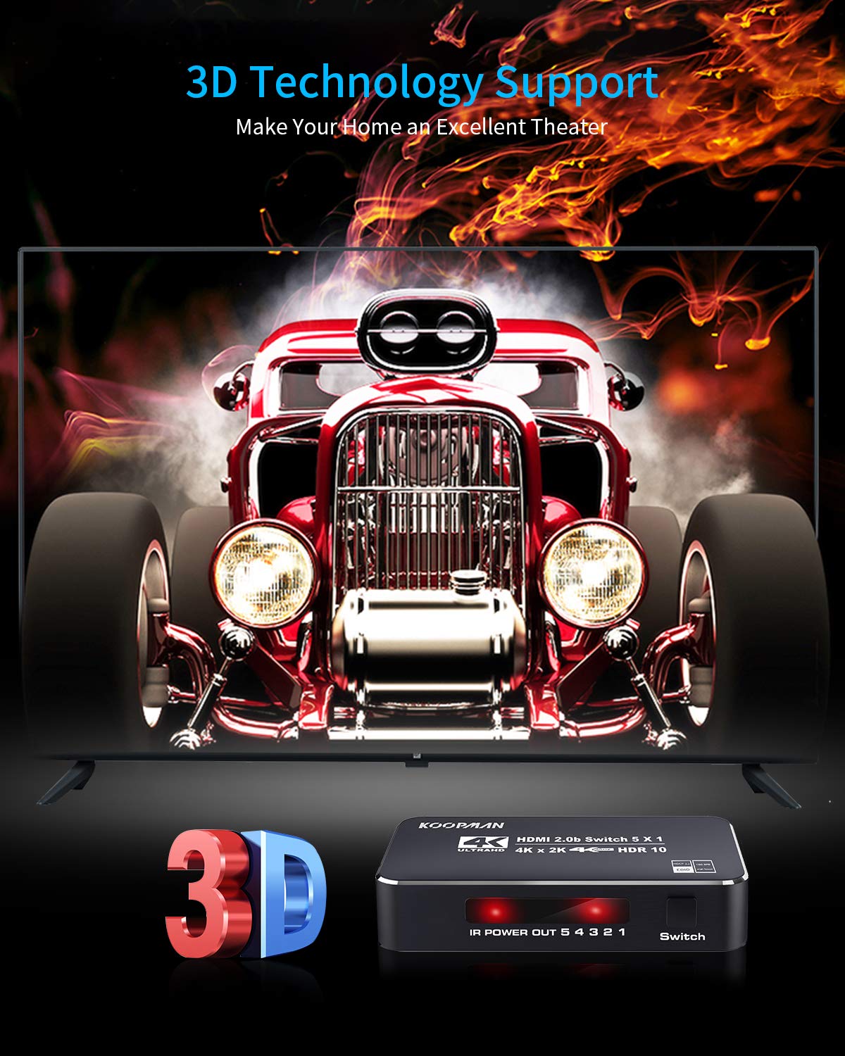 Koopman-Tech Koopman 5 Ports 4K HDR HDMI Switch 60Hz with IR Remote Ultra HD Dolby Vision High Speed HDR10 HDCP 2.2 and 3D Support - View 6 of 7