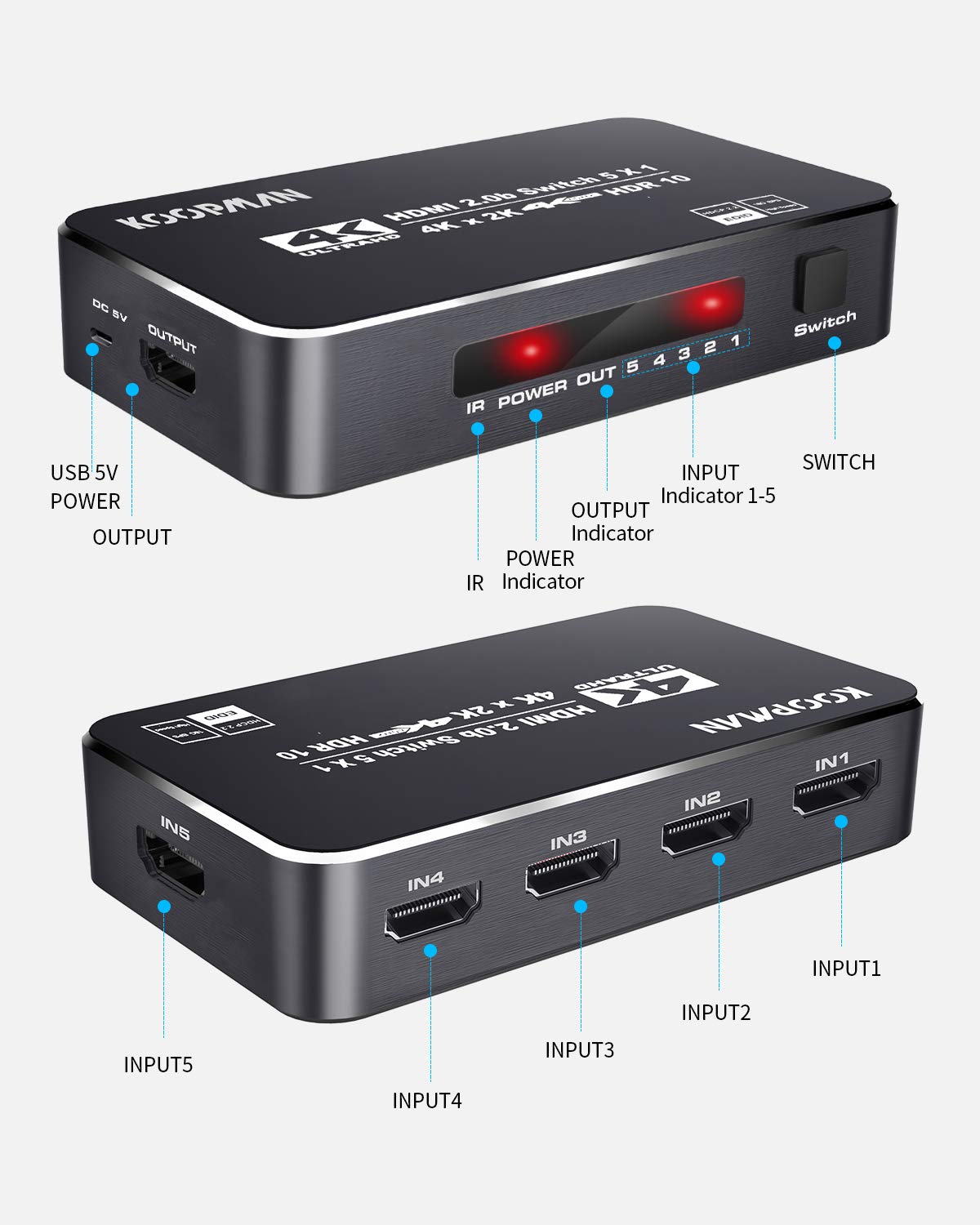 Koopman-Tech Koopman 5 Ports 4K HDR HDMI Switch 60Hz with IR Remote Ultra HD Dolby Vision High Speed HDR10 HDCP 2.2 and 3D Support - View 7 of 7