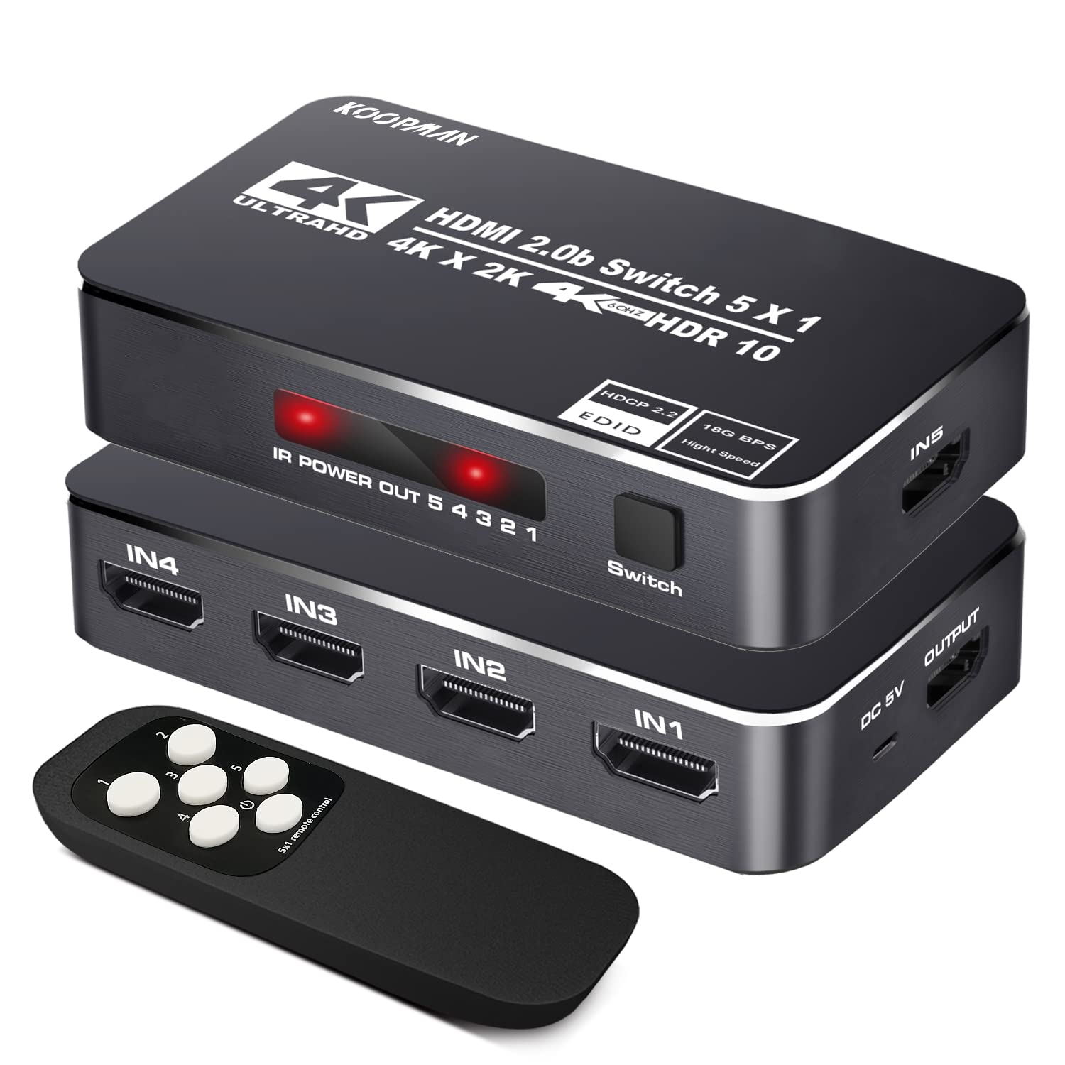 Koopman-Tech Koopman 5 Ports 4K HDR HDMI Switch 60Hz with IR Remote Ultra HD Dolby Vision High Speed HDR10 HDCP 2.2 and 3D Support