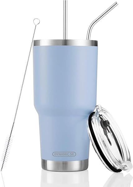 D·S 30oz Blue Stainless Steel Tumbler - Double Wall Insulated Mug with Straw & Lid for Hot/Cold Drinks