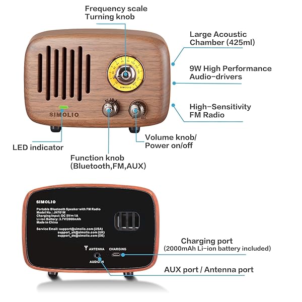 SIMOLIO SIMOLIO Retro Bluetooth Speakers Loud HD Sound Vintage Wooden Speaker with FM Radio AUX Portable for Home Office Decorations - View 3 of 7