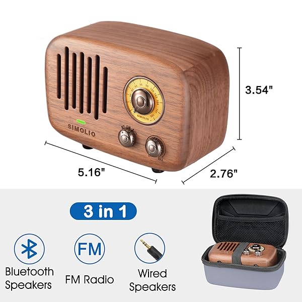 SIMOLIO SIMOLIO Retro Bluetooth Speakers Loud HD Sound Vintage Wooden Speaker with FM Radio AUX Portable for Home Office Decorations - View 4 of 7