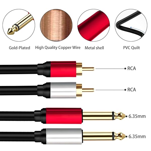 Yeung Qee Yeung Qee 2 x 6.35 mm to 2RCA Cable 5ft Dual 1/4 inch TS Stereo Jack Male to 2 RCA Male Audio Splitter Adapter Black - View 3 of 7