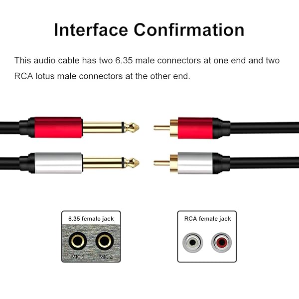 Yeung Qee Yeung Qee 15ft 2 x 6.35 mm to 2RCA Cable Dual 1/4 inch TS Stereo Jack Male to 2 RCA Male Audio Splitter Adapter Black - View 2 of 7