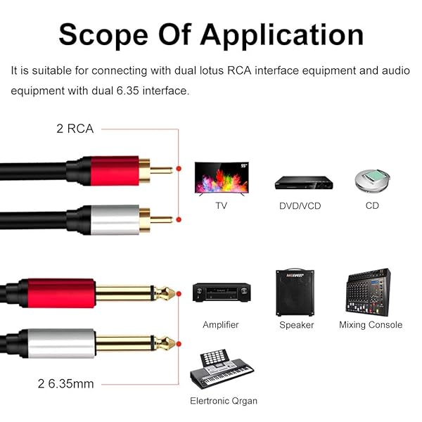 Yeung Qee Yeung Qee 15ft 2 x 6.35 mm to 2RCA Cable Dual 1/4 inch TS Stereo Jack Male to 2 RCA Male Audio Splitter Adapter Black - View 6 of 7