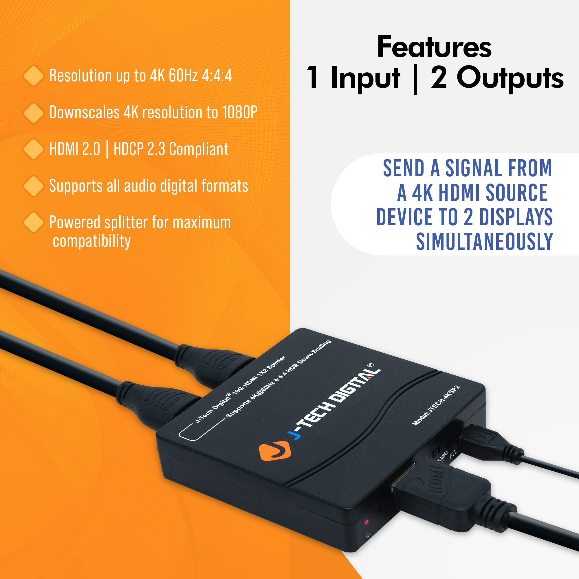 J-Tech Digital HDMI Splitter 1 in 2 Out 4K 60Hz Supports HDR Dolby Vision HDCP2.3 Ideal for Multi-Resolution Output - View 2 of 9