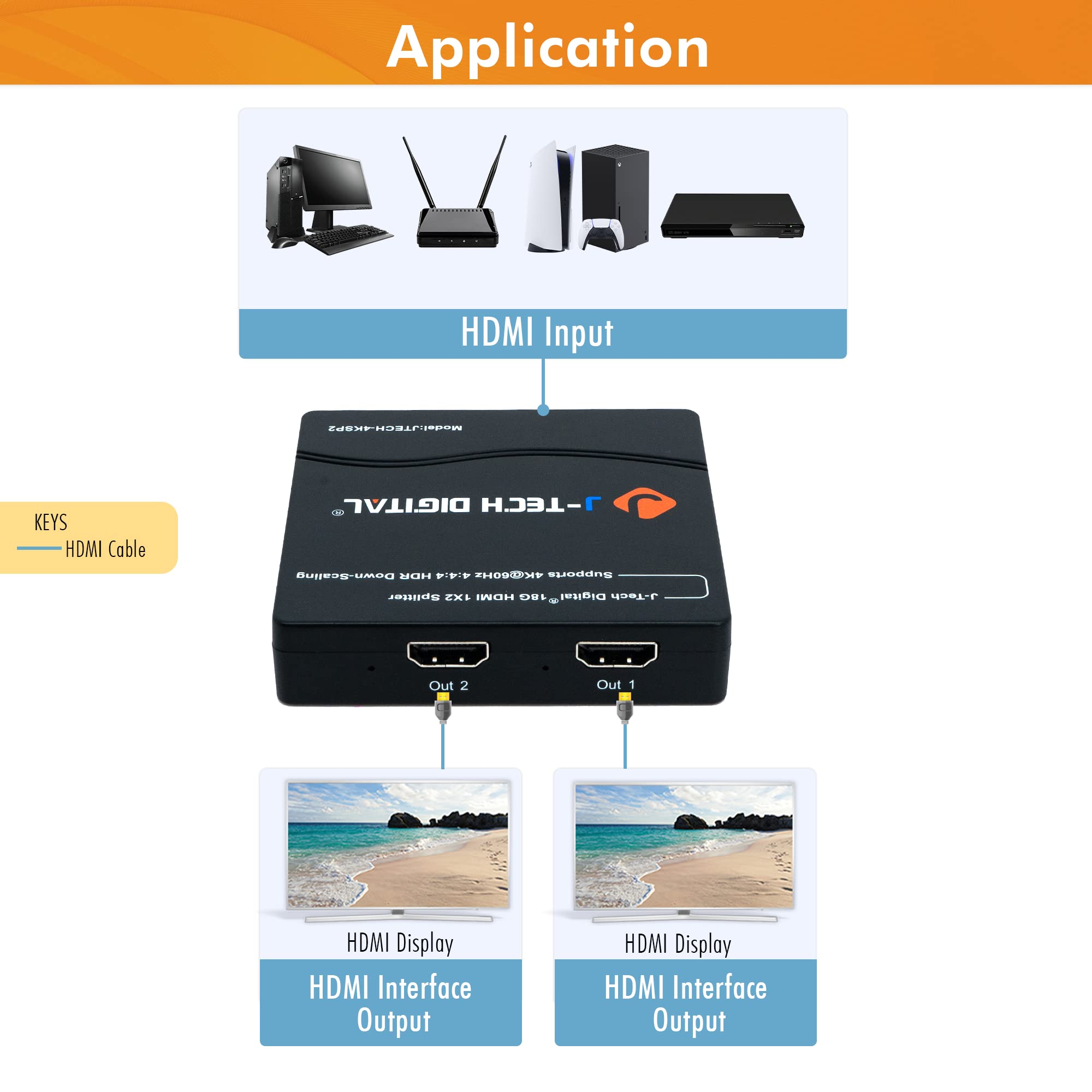 J-Tech Digital HDMI Splitter 1 in 2 Out 4K 60Hz Supports HDR Dolby Vision HDCP2.3 Ideal for Multi-Resolution Output - View 6 of 9