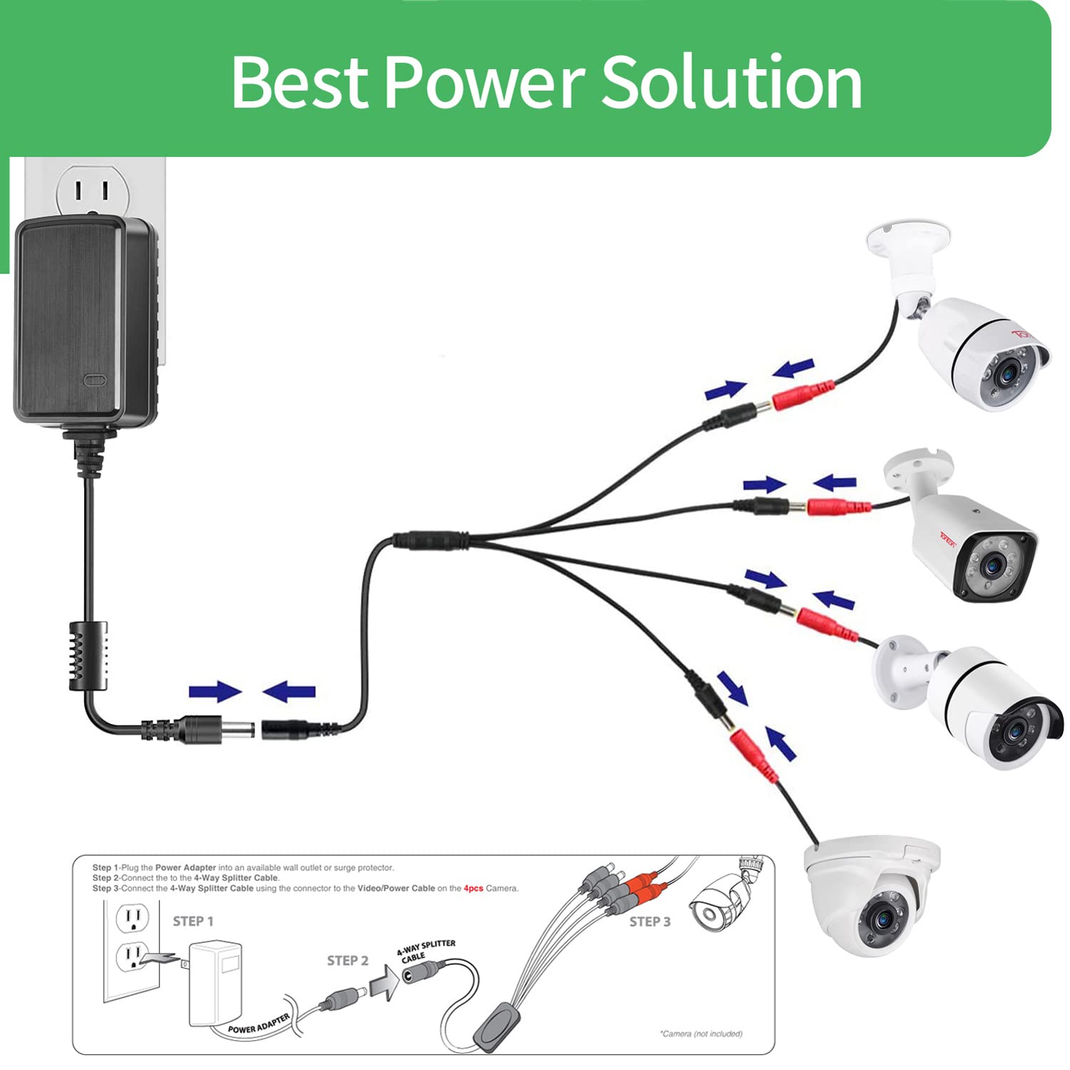 Security-01 Security-01 AC to DC 12V 2A Power Supply Adapter with 4-Way Splitter for Cameras, LED Lights & More - UL Listed - View 3 of 9