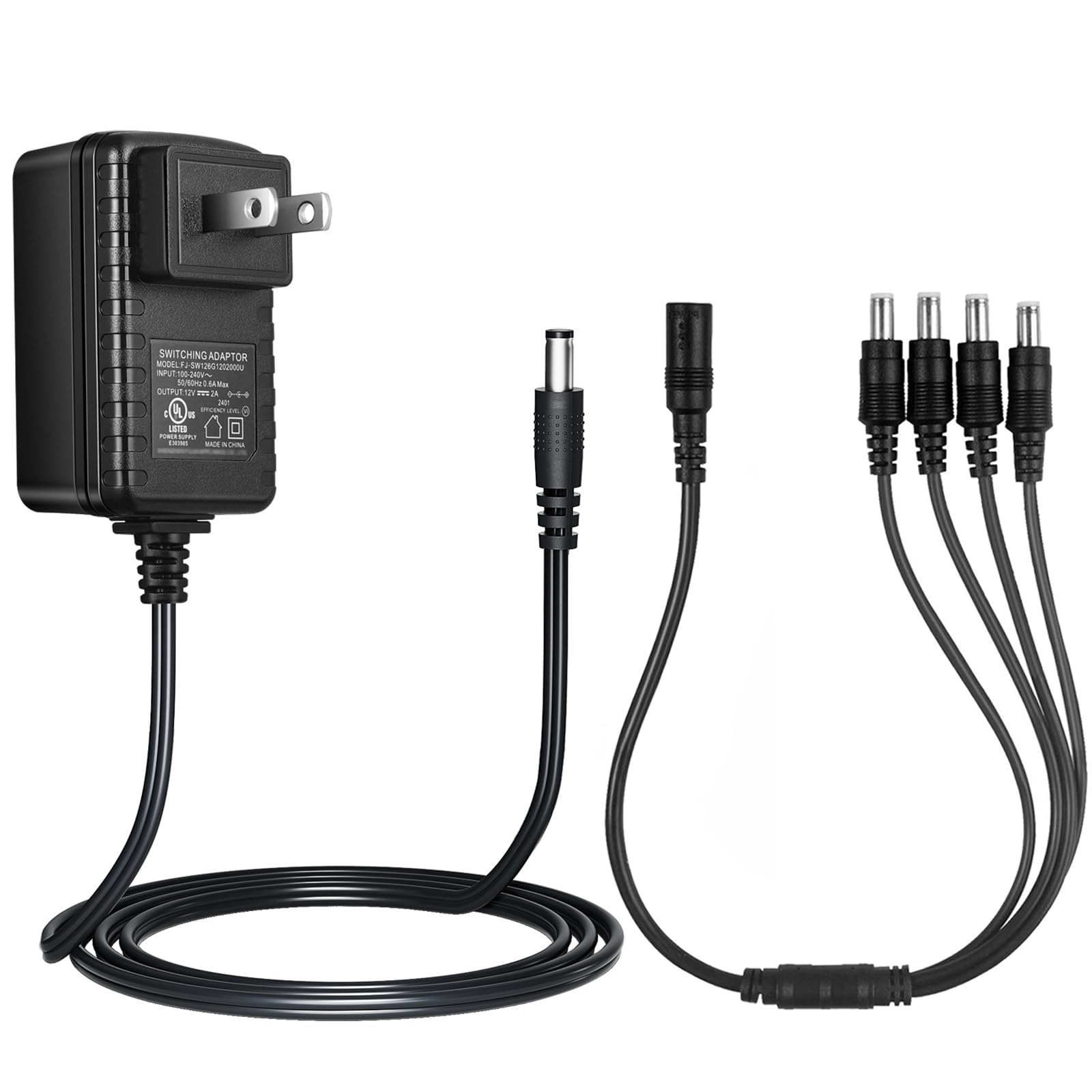 Security-01 Security-01 AC to DC 12V 2A Power Supply Adapter with 4-Way Splitter for Cameras, LED Lights & More - UL Listed