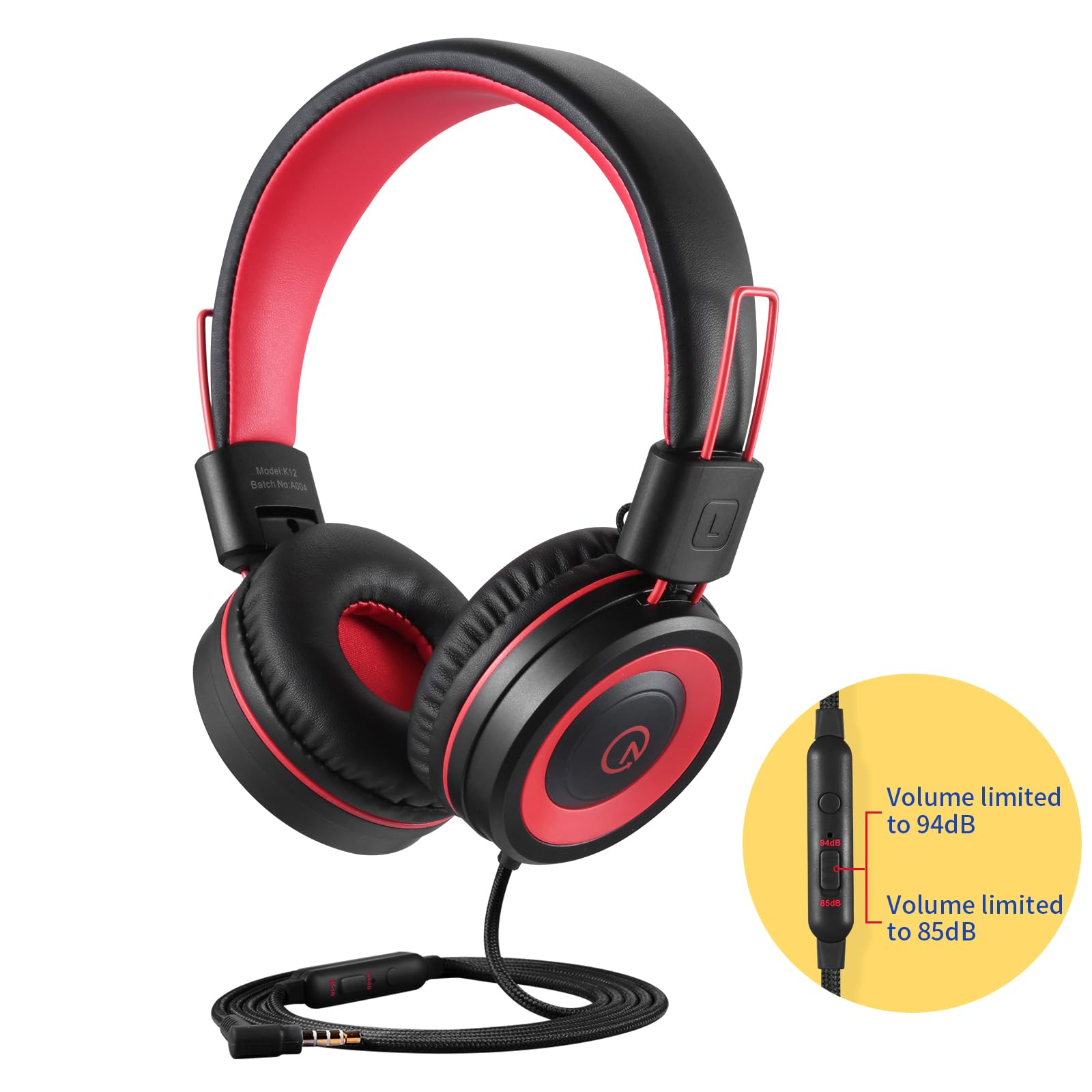 noot products Noot Products Kids Headphones with Microphone K12 Stereo 5ft Cord Volume Limit Wired On-Ear Headset for iPad Kindle Fire Toddler Boys Girls Red Black - View 3 of 8