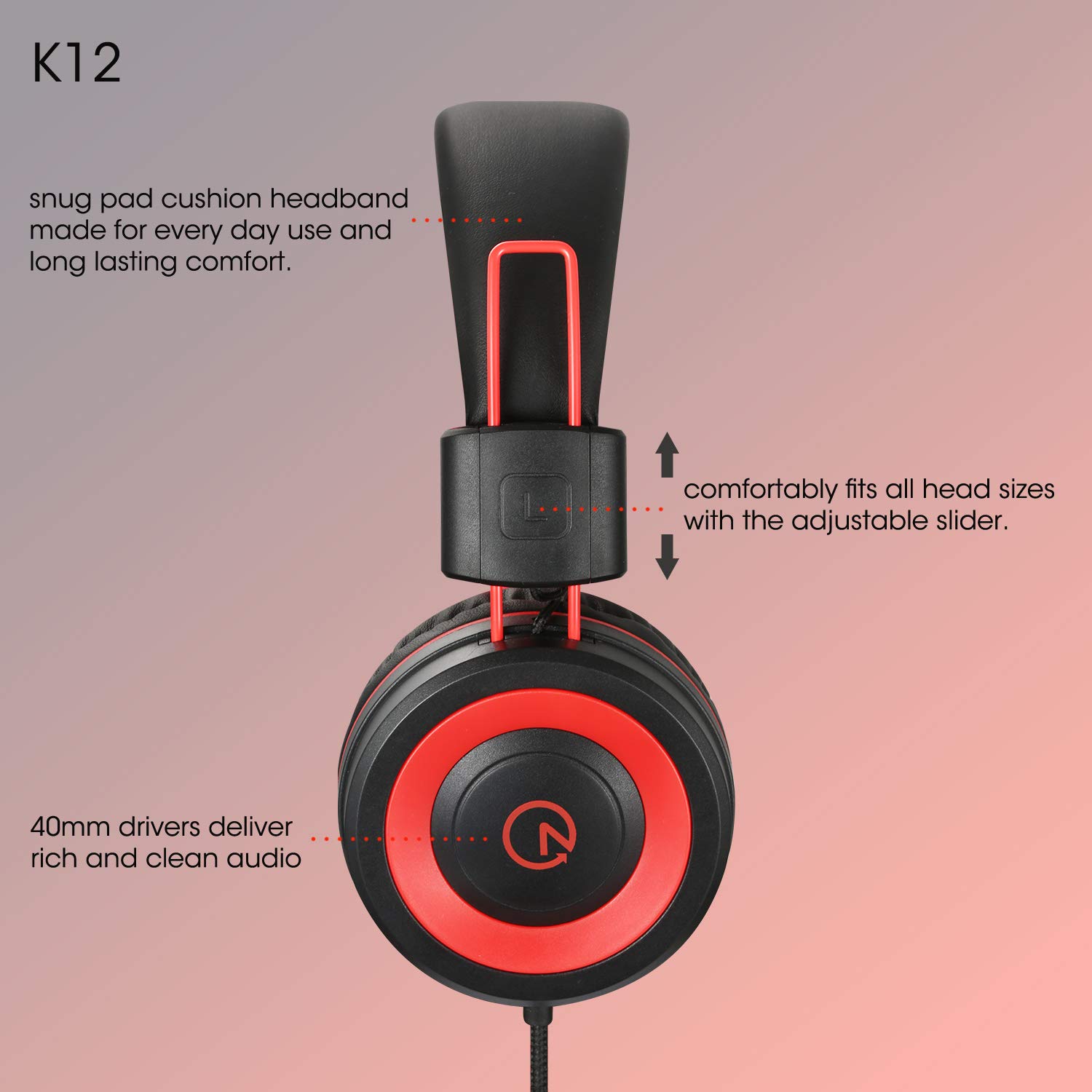 noot products Noot Products Kids Headphones with Microphone K12 Stereo 5ft Cord Volume Limit Wired On-Ear Headset for iPad Kindle Fire Toddler Boys Girls Red Black - View 4 of 8
