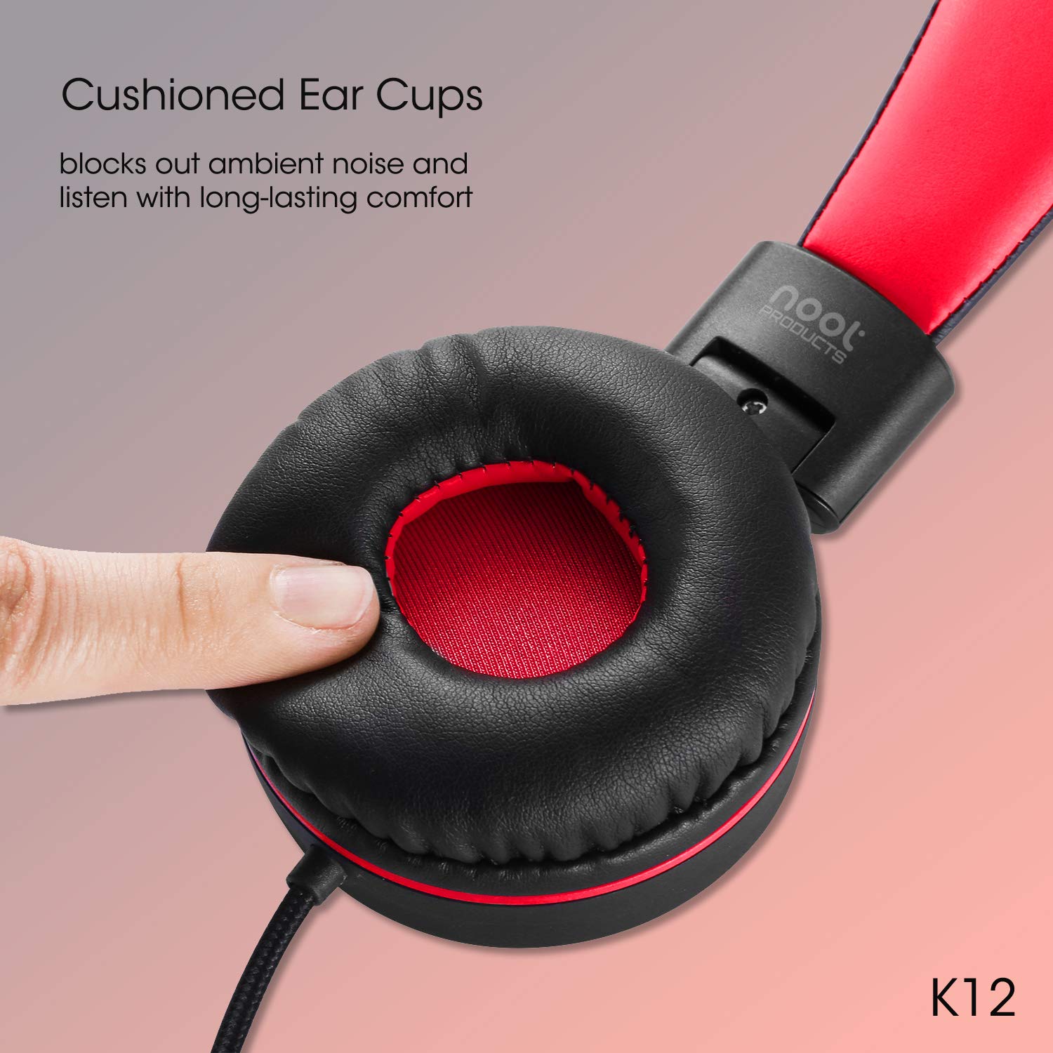noot products Noot Products Kids Headphones with Microphone K12 Stereo 5ft Cord Volume Limit Wired On-Ear Headset for iPad Kindle Fire Toddler Boys Girls Red Black - View 6 of 8