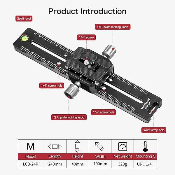 koolehaoda Koolehaoda 240mm Rail Nodal Slide Quick Release Plate Clamp Camera Tripod Bracket Mount Compatible with Arca Swiss, Angle Adjustable for Camera Tripod Ball Head (LCB-24R) - View 4 of 9