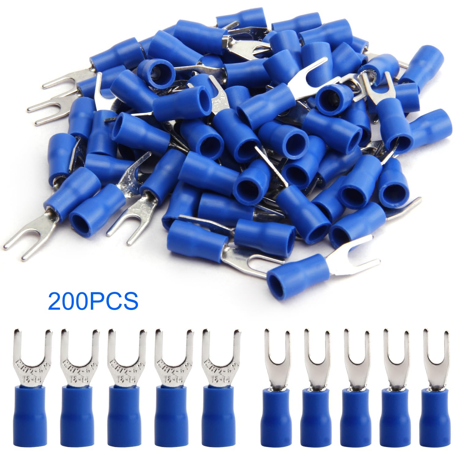 Fielect Fielect 200Pcs 16-14 AWG Insulated Fork Spade Wire Connectors for Electrical Crimping Blue U-Type Terminals - View 3 of 8