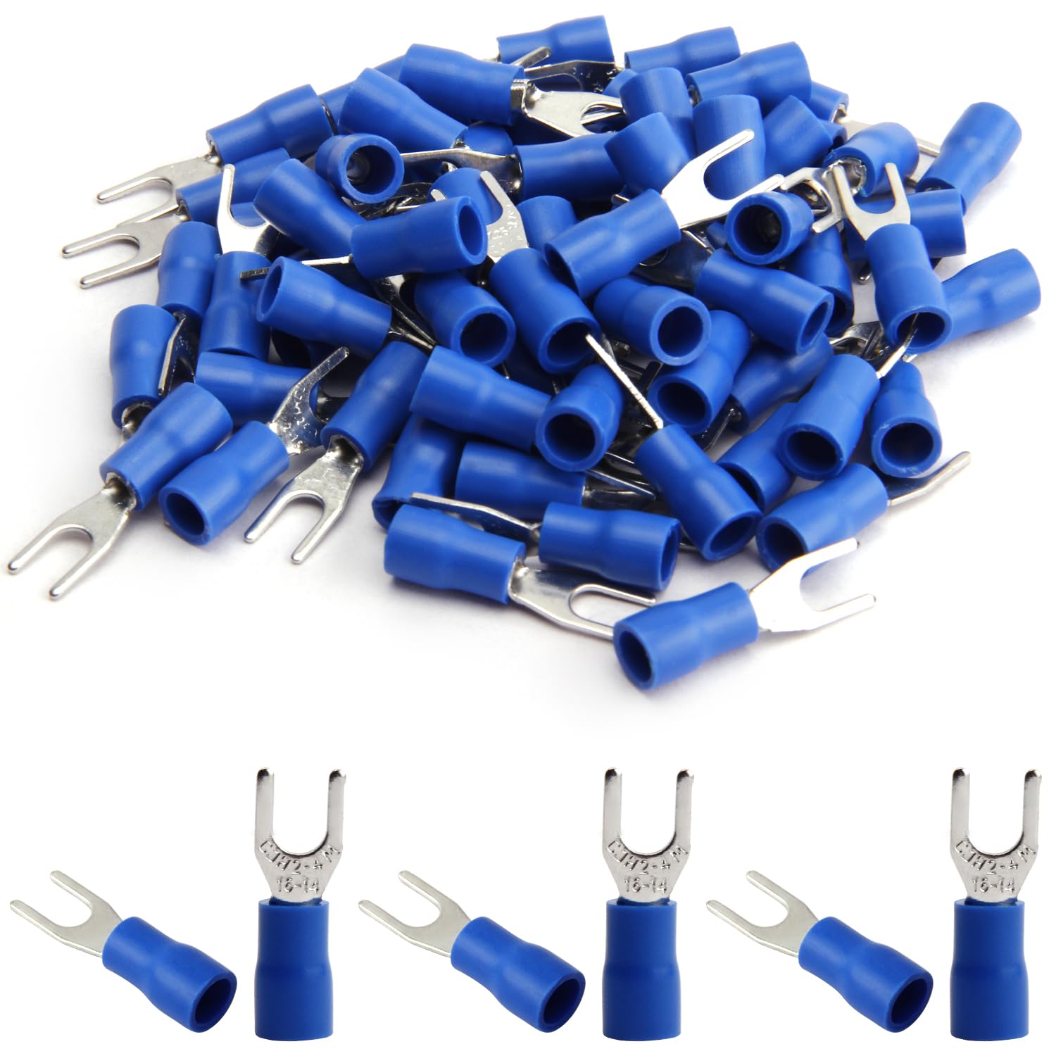 Fielect 200Pcs 16-14 AWG Insulated Fork Spade Wire Connectors for Electrical Crimping Blue U-Type Terminals