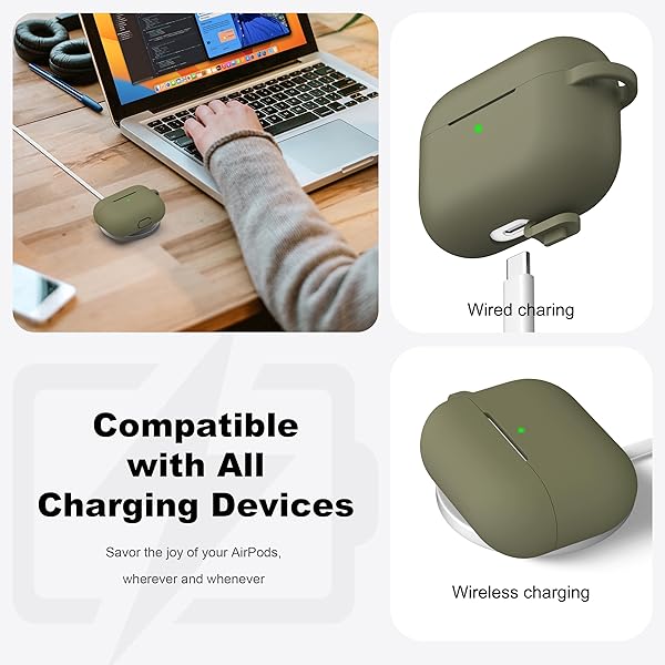 R-fun Rfun Olive Green Soft Silicone Case for AirPods Pro 2nd 1st Generation with Cleaner Kit and Keychain Accessories for Men and Women - View 5 of 9