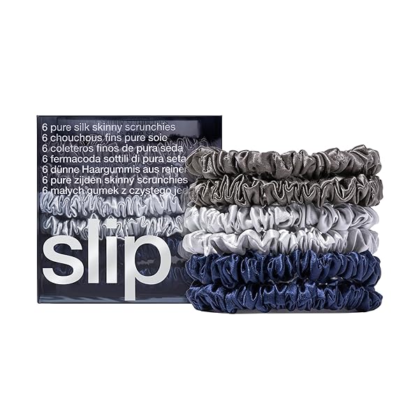 SLIP Shop Slip Silk Skinnie Scrunchies Midnight Collection - 6 Elastic Scrunchies in Charcoal, Navy & Silver