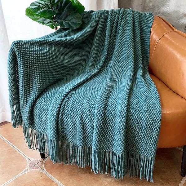 LOMAO Knitted Throw Blanket with Tassels Soft Lightweight Warm Couch Cover Home Decor Teal 50x60 Bubble Textured Design