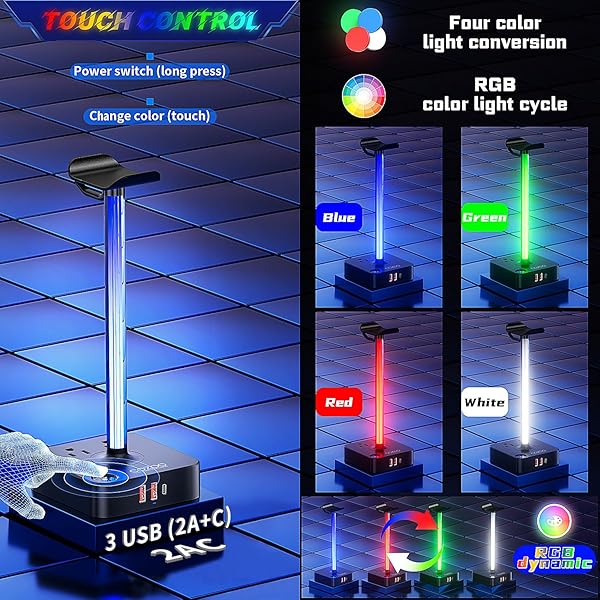 cozoo RGB Headphone Stand with USB Charger COZOO Desktop Gaming Headset Holder and Hanger for Gaming DJ and PC Accessories - View 2 of 9