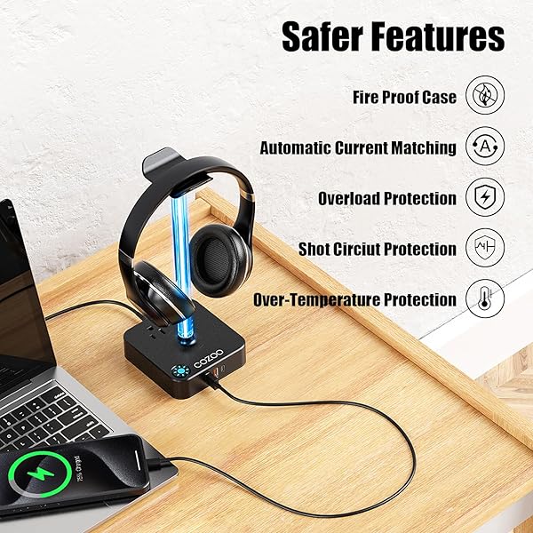 cozoo RGB Headphone Stand with USB Charger COZOO Desktop Gaming Headset Holder and Hanger for Gaming DJ and PC Accessories - View 8 of 9