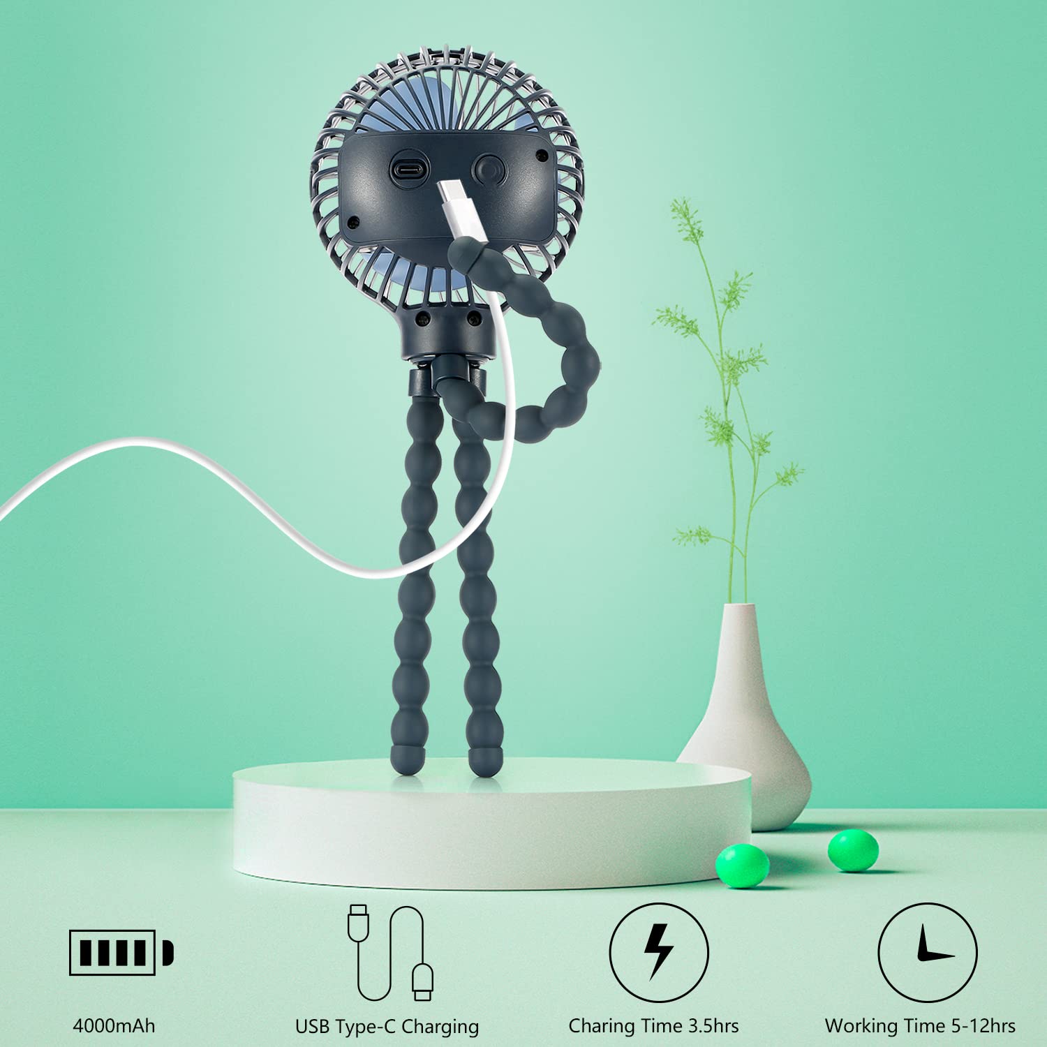 Snawowo Mini Handheld Portable Fan for Strollers Cars and Camping USB Battery Powered Flexible Tripod Clip Dark Blue - View 4 of 7