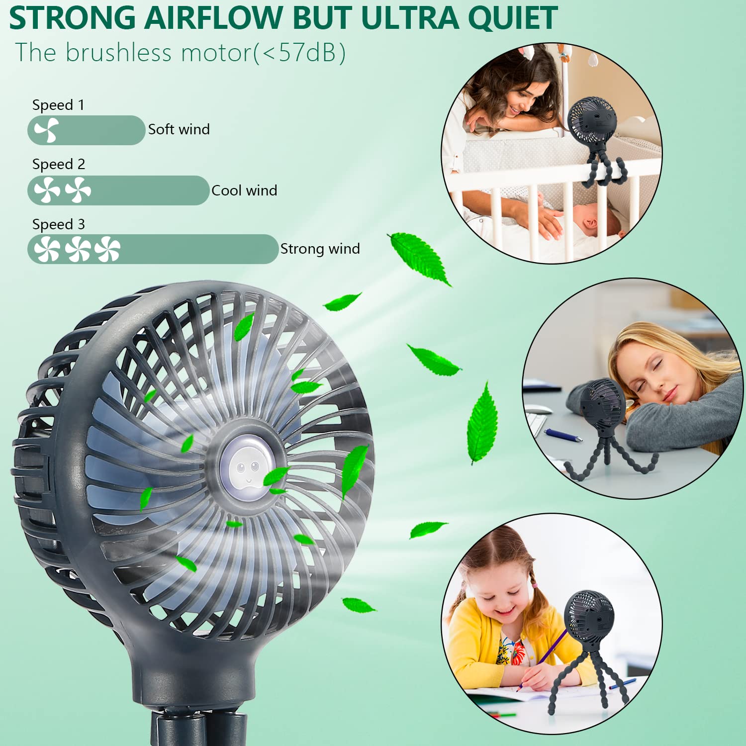 Snawowo Mini Handheld Portable Fan for Strollers Cars and Camping USB Battery Powered Flexible Tripod Clip Dark Blue - View 5 of 7