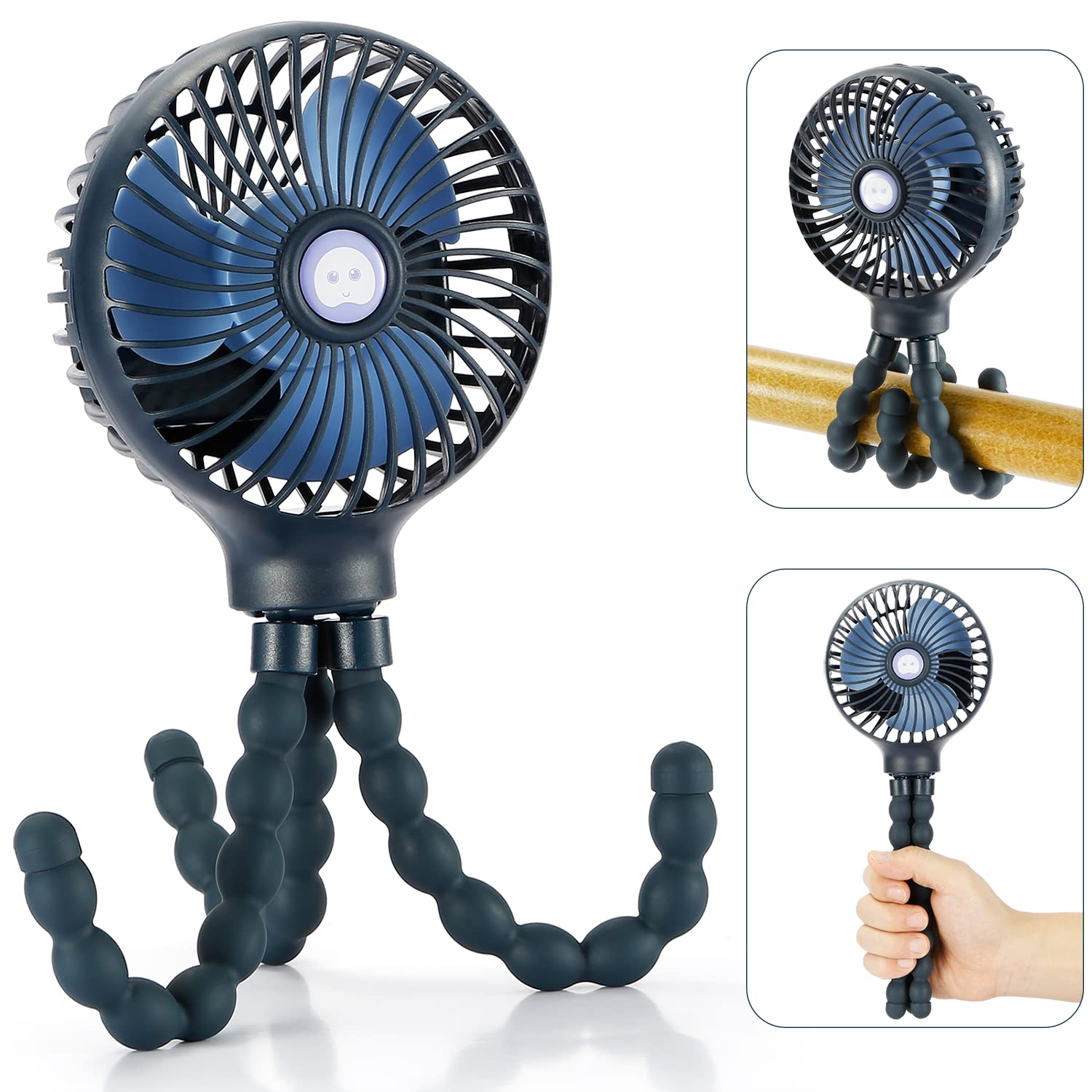 Snawowo Mini Handheld Portable Fan for Strollers Cars and Camping USB Battery Powered Flexible Tripod Clip Dark Blue