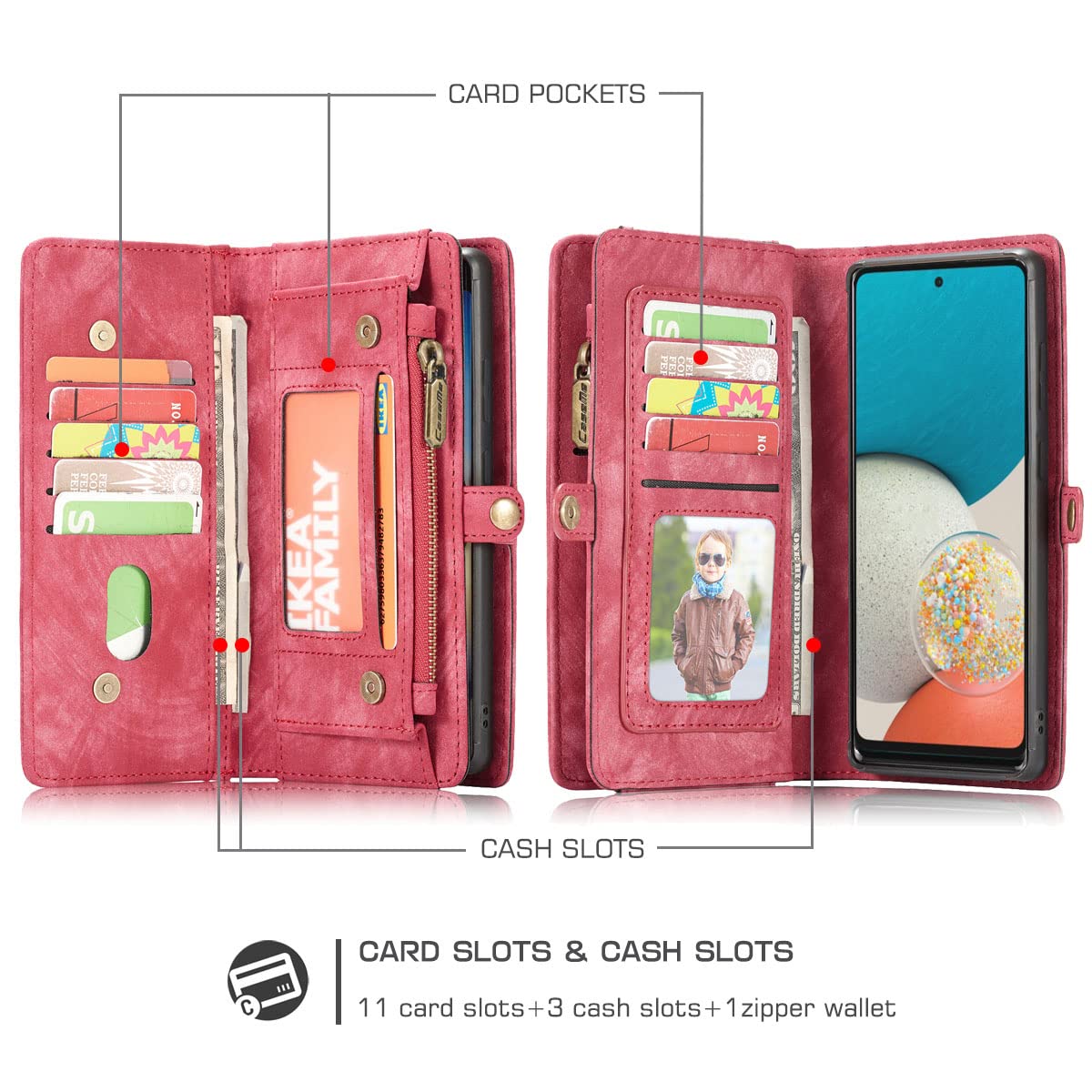 Simicoo Simicoo Samsung Galaxy S24 Plus Wallet Leather Case Detachable Magnetic Zipper Flip with 11 Card Slots and Wrist Strap in Red - View 2 of 7